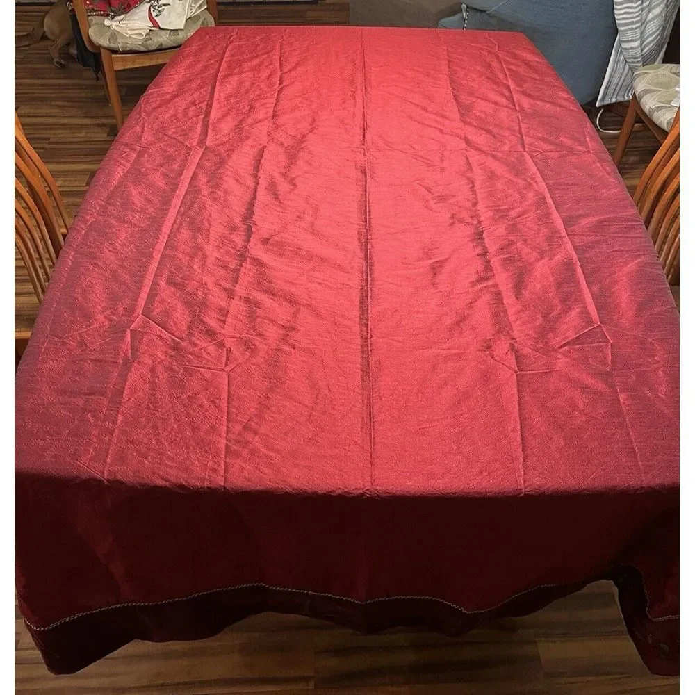 Red Velvet Christmas‎ Tablecloth w/Gold Accents and Floral Embroidery 60